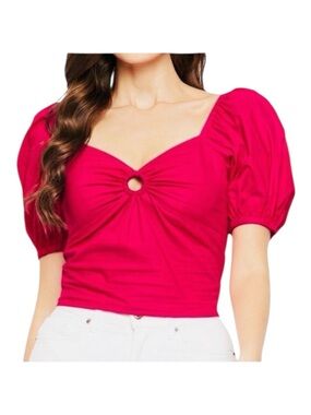 Sim & Sam Puffed Sleeve Crop Top Size MED Pink Flame Coquette Milkmaid NWT